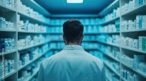 A pharmacist stands in a brightly lit aisle lined with shelves of various medications, creating a serene yet professional atmosphere in a pharmacy.