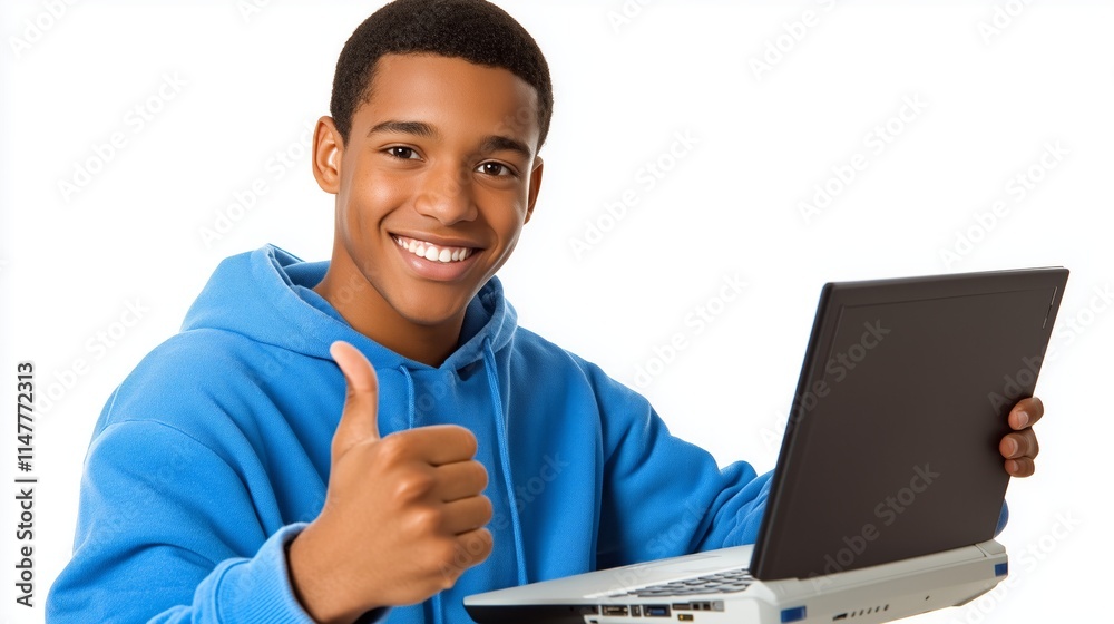 Happy afro american student boy showing thumbs up while holding laptop, expressing satisfaction and success Happy afro american student boy showing thumbs up while holding laptop, expressing satisfaction and success