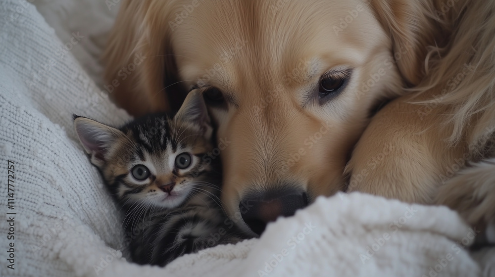 Golden Retriever Puppy and Tabby Kitten Sleeping Peacefully on Soft Blanket Golden Retriever Puppy and Tabby Kitten Sleeping Peacefully on Soft Blanket