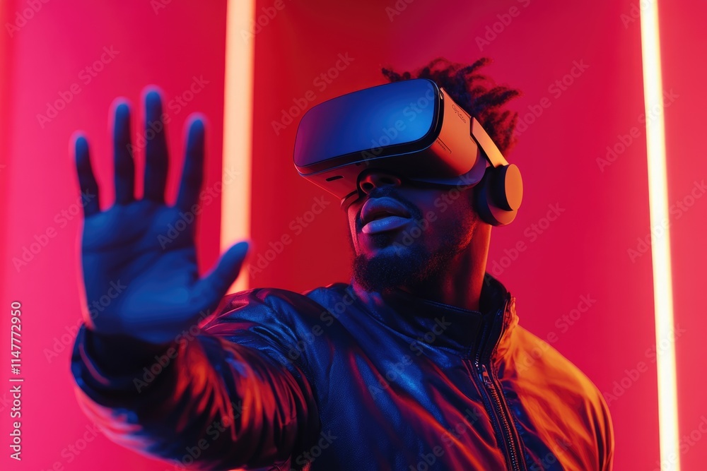 African American man playing VR video game with headset African American man playing VR video game with headset