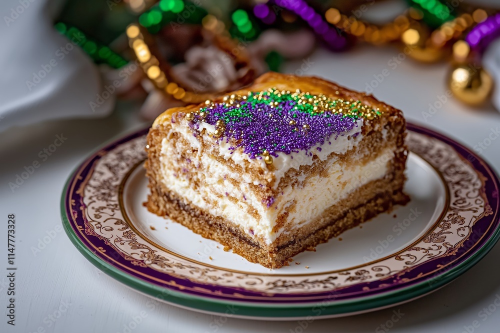 A close-up of a slice of traditional Mardi Gras king cake topped with purple, green, and gold sprinkles, served on a decorative plate with festive beads in the background A close-up of a slice of traditional Mardi Gras king cake topped with purple, green, and gold sprinkles, served on a decorative plate with festive beads in the background