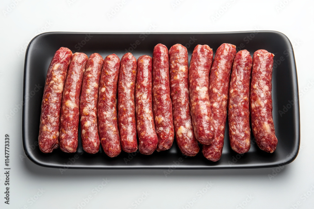 A platter of uncooked sausages arranged neatly for preparation or cooking. A platter of uncooked sausages arranged neatly for preparation or cooking.