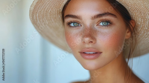 A close-up portrait of a young woman with freckles and blue eyes, wearing a straw hat.