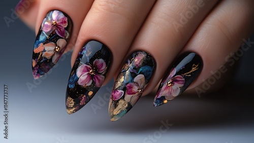 nail art of fantasy Elegant floral nail art design on long nails. photo