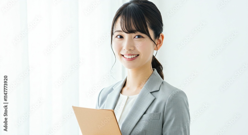 Professional Japanese Woman in Her 20s Holding a Binder with a Bright Smile in a Modern Office Environment Professional Japanese Woman in Her 20s Holding a Binder with a Bright Smile in a Modern Office Environment