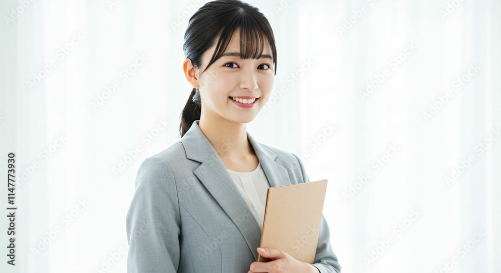 Professional Japanese Woman in Her 20s Holding a Binder with a Bright Smile in a Modern Office Environment Professional Japanese Woman in Her 20s Holding a Binder with a Bright Smile in a Modern Office Environment
