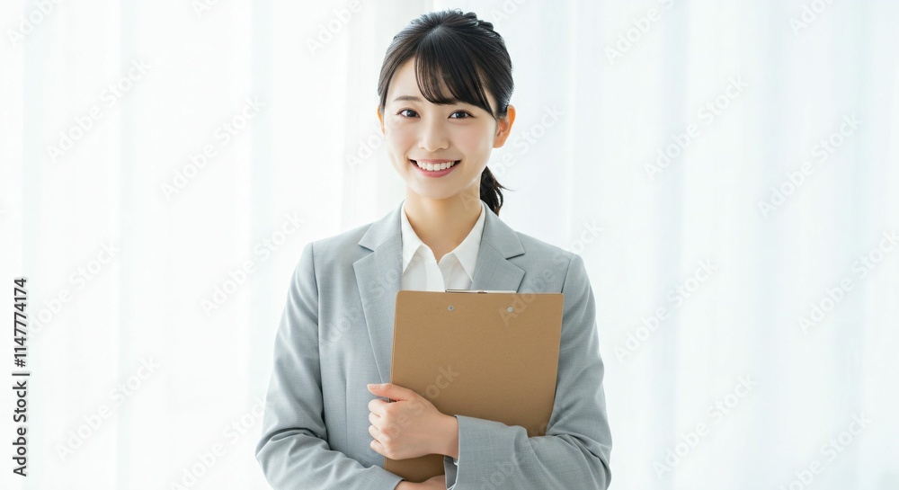 Professional Japanese Woman in Her 20s Holding a Binder with a Bright Smile in a Modern Office Environment Professional Japanese Woman in Her 20s Holding a Binder with a Bright Smile in a Modern Office Environment