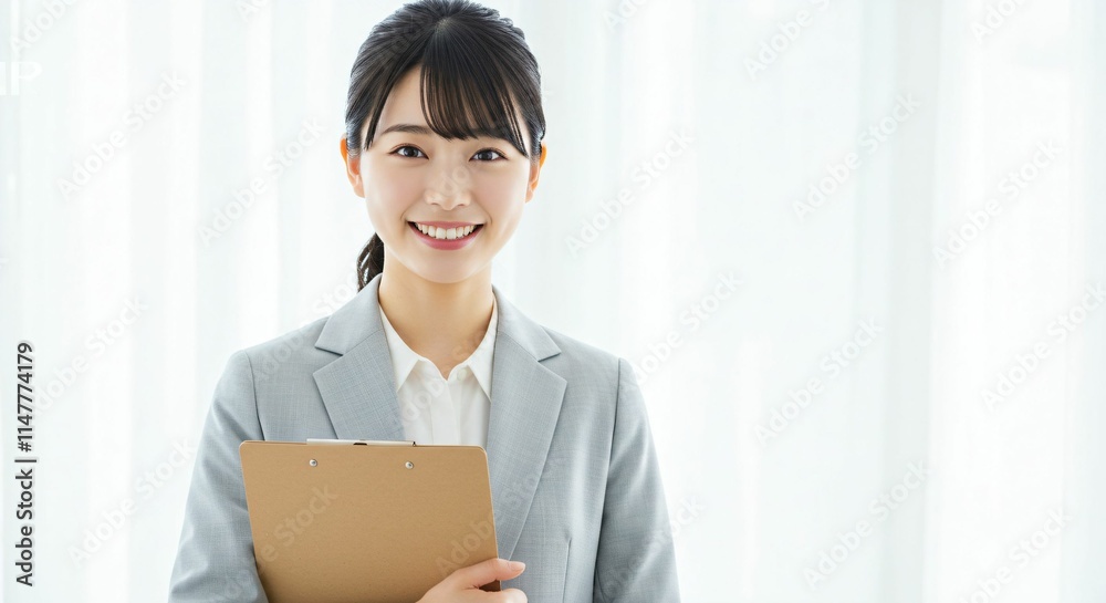 Professional Japanese Woman in Her 20s Holding a Binder with a Bright Smile in a Modern Office Environment Professional Japanese Woman in Her 20s Holding a Binder with a Bright Smile in a Modern Office Environment