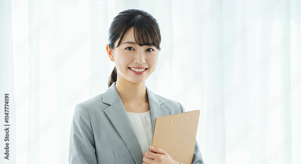 Professional Japanese Woman in Her 20s Holding a Binder with a Bright Smile in a Modern Office Environment Professional Japanese Woman in Her 20s Holding a Binder with a Bright Smile in a Modern Office Environment