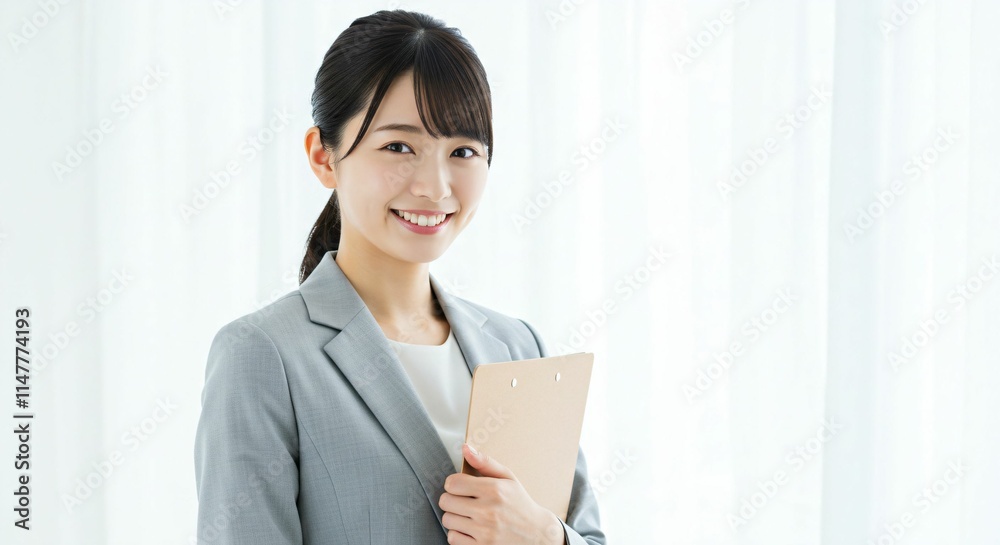 Professional Japanese Woman in Her 20s Holding a Binder with a Bright Smile in a Modern Office Environment Professional Japanese Woman in Her 20s Holding a Binder with a Bright Smile in a Modern Office Environment