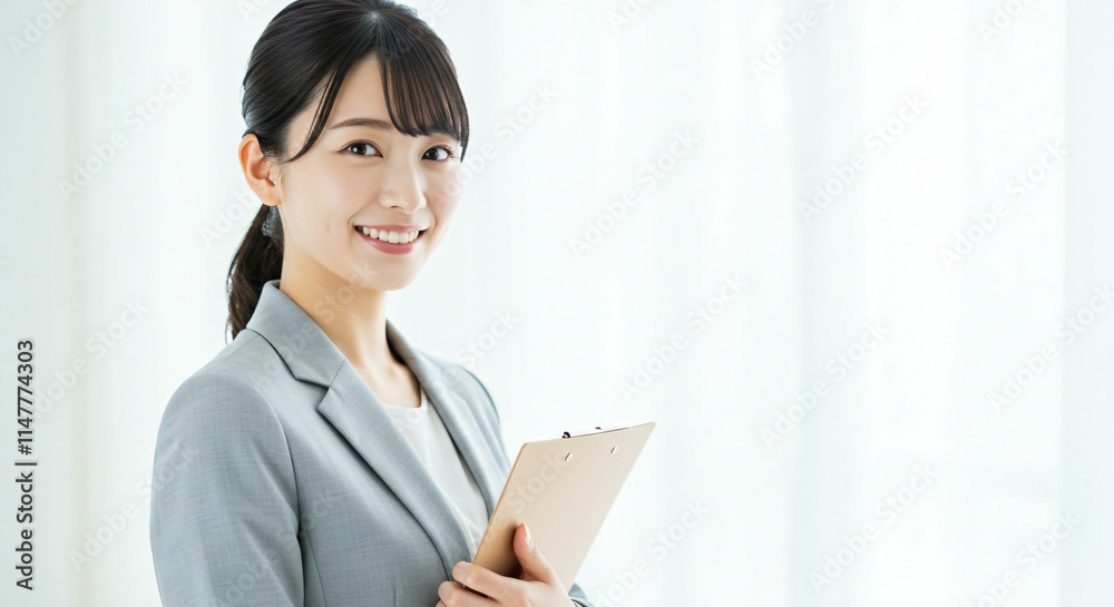 Professional Japanese Woman in Her 20s Holding a Binder with a Bright Smile in a Modern Office Environment Professional Japanese Woman in Her 20s Holding a Binder with a Bright Smile in a Modern Office Environment