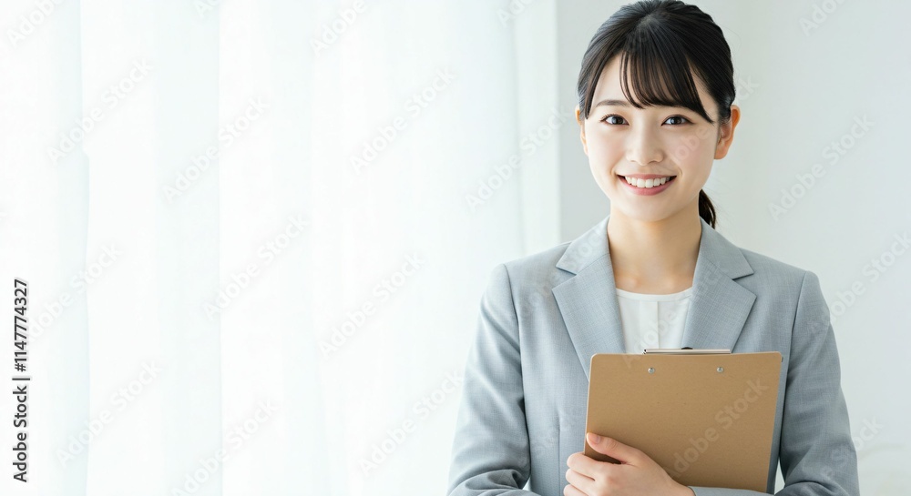 Professional Japanese Woman in Her 20s Holding a Binder with a Bright Smile in a Modern Office Environment Professional Japanese Woman in Her 20s Holding a Binder with a Bright Smile in a Modern Office Environment