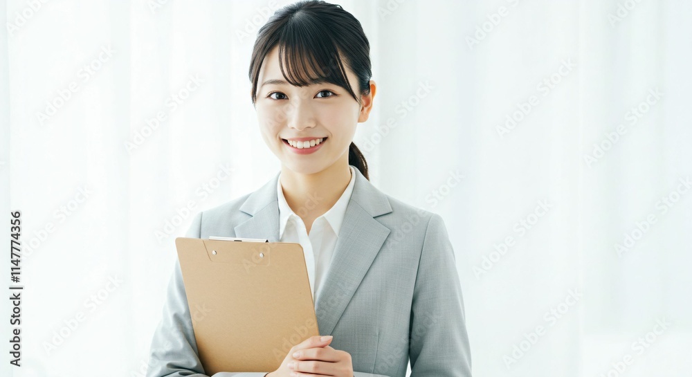 Professional Japanese Woman in Her 20s Holding a Binder with a Bright Smile in a Modern Office Environment Professional Japanese Woman in Her 20s Holding a Binder with a Bright Smile in a Modern Office Environment