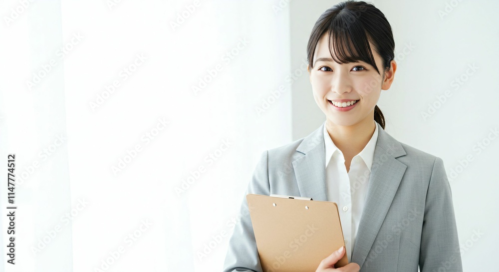 Elegant and Professional Young Japanese Woman Holding a Binder with a Confident Smile Elegant and Professional Young Japanese Woman Holding a Binder with a Confident Smile