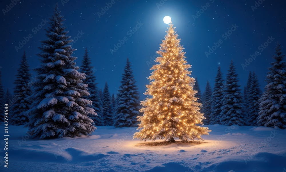 Elegant snow-filled Christmas tree night scene Elegant snow-filled Christmas tree night scene