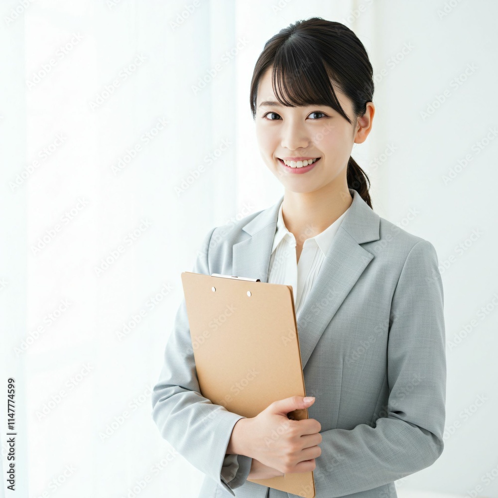Elegant and Professional Young Japanese Woman Holding a Binder with a Confident Smile