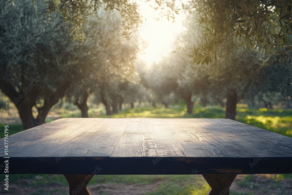 Fototapeta premium A rustic wooden table in an olive grove at sunset, inviting relaxation and connection.