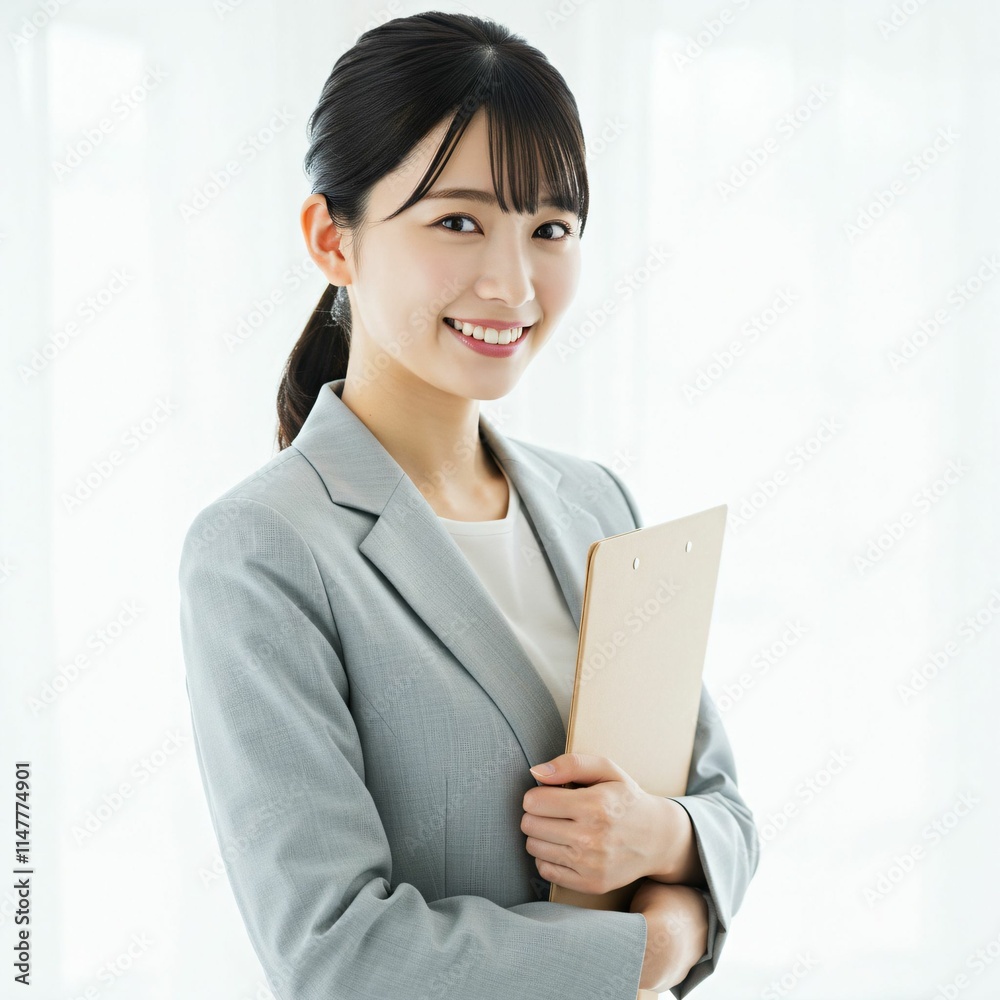 Elegant and Professional Young Japanese Woman Holding a Binder with a Confident Smile Elegant and Professional Young Japanese Woman Holding a Binder with a Confident Smile