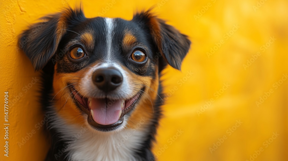 Happy Dog Smiling Against a Bright Yellow Background Happy Dog Smiling Against a Bright Yellow Background