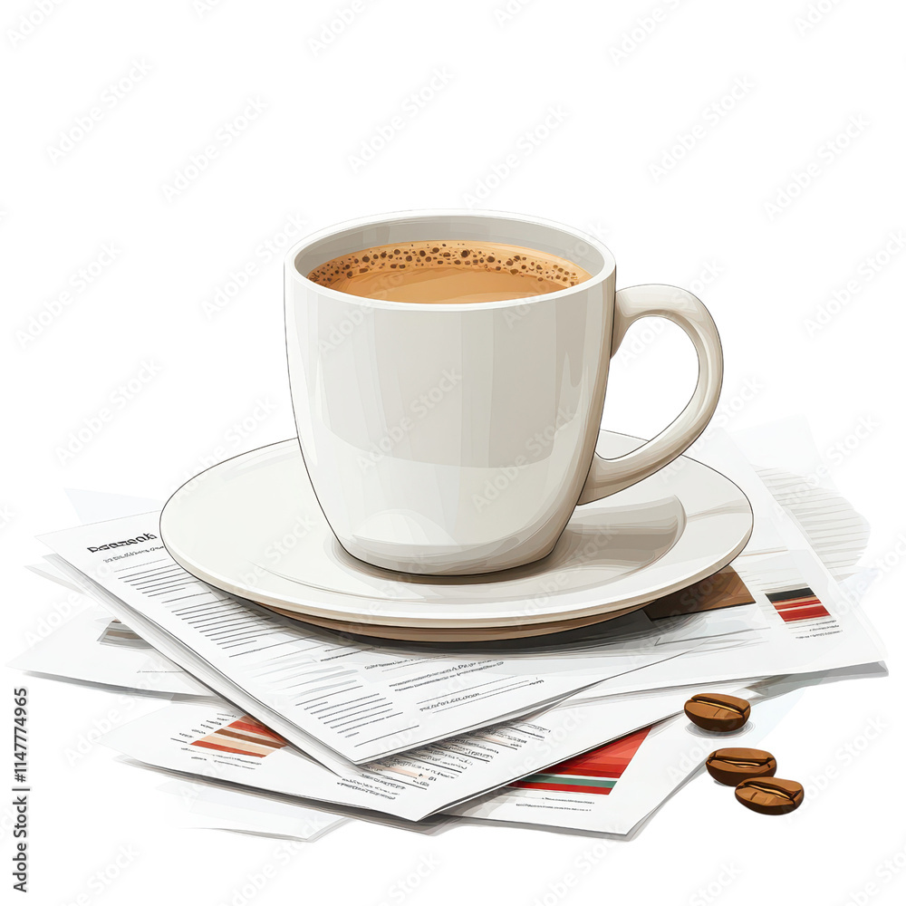Coffee cup and documents on desk office environment flat design illustration focus on productivity Coffee cup and documents on desk office environment flat design illustration focus on productivity