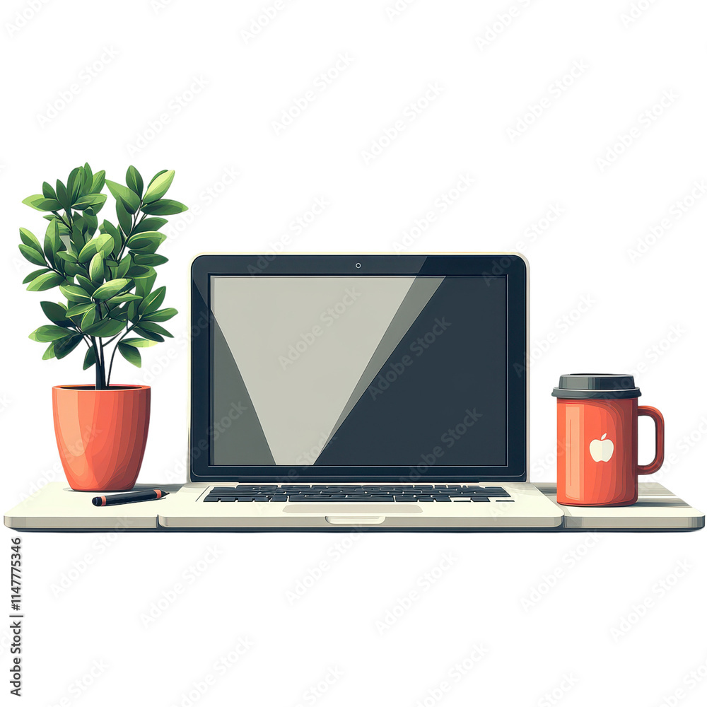 Fototapeta premium Creative desk setup with laptop and coffee in modern home office environment for productivity and inspiration