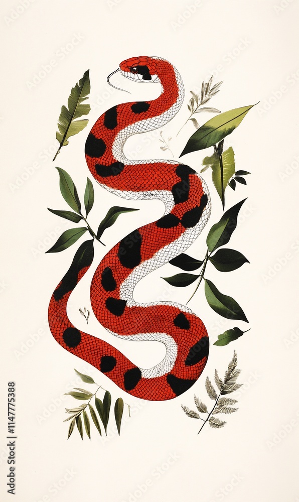 A vibrant illustration of a red and black snake among leaves.