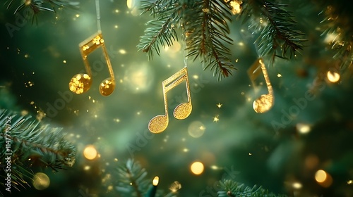 Golden musical notes ornaments hanging on a Christmas tree with bokeh lights.