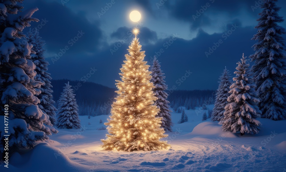 Illuminated Christmas tree in winter woods Illuminated Christmas tree in winter woods