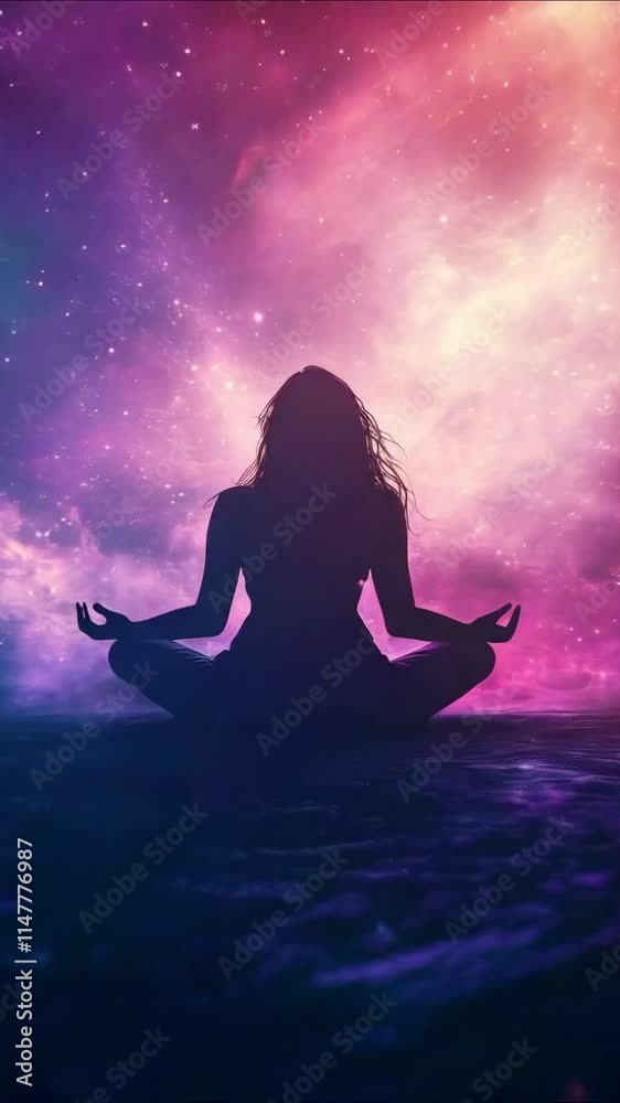 Silhouette of a Meditating Woman in Cosmic Space Surrounded by Stars and Galaxies new beautiful stock 9x16 vertical video footage animation AI