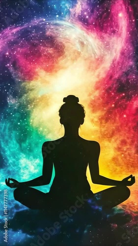 Silhouette of a Meditating Woman in Cosmic Space Surrounded by Stars and Galaxies new beautiful stock 9x16 vertical video footage animation AI