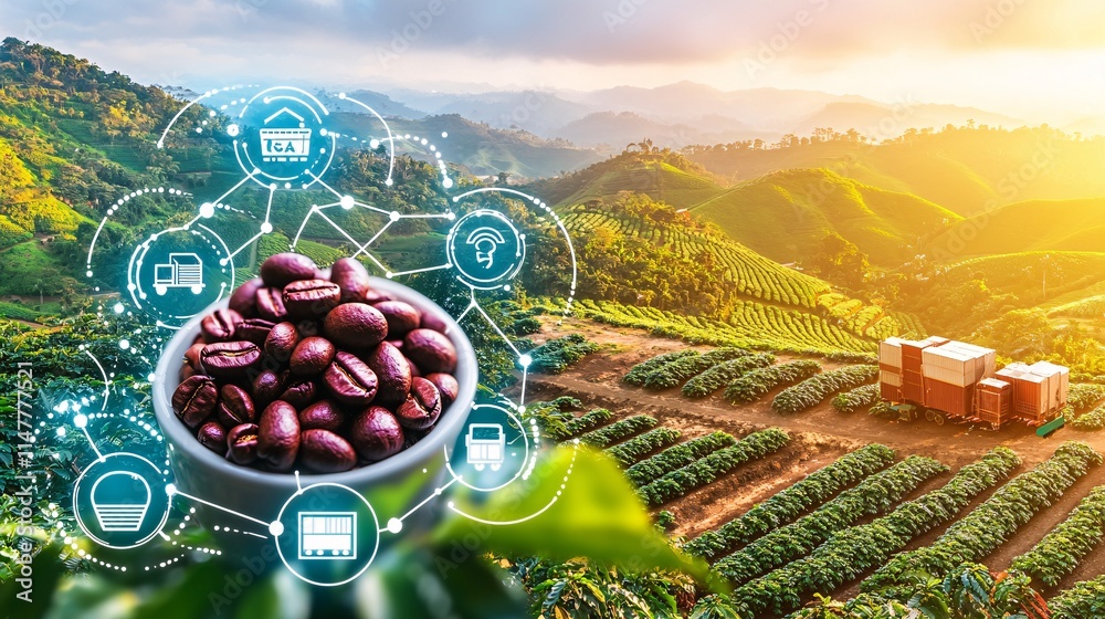 custom made wallpaper toronto digitaloverhead view of coffee plantations merged with images of supply chain logistics, illustrating how Arabica coffee flows through economic systems worldwide. [Arabica]:[Economic plants] 