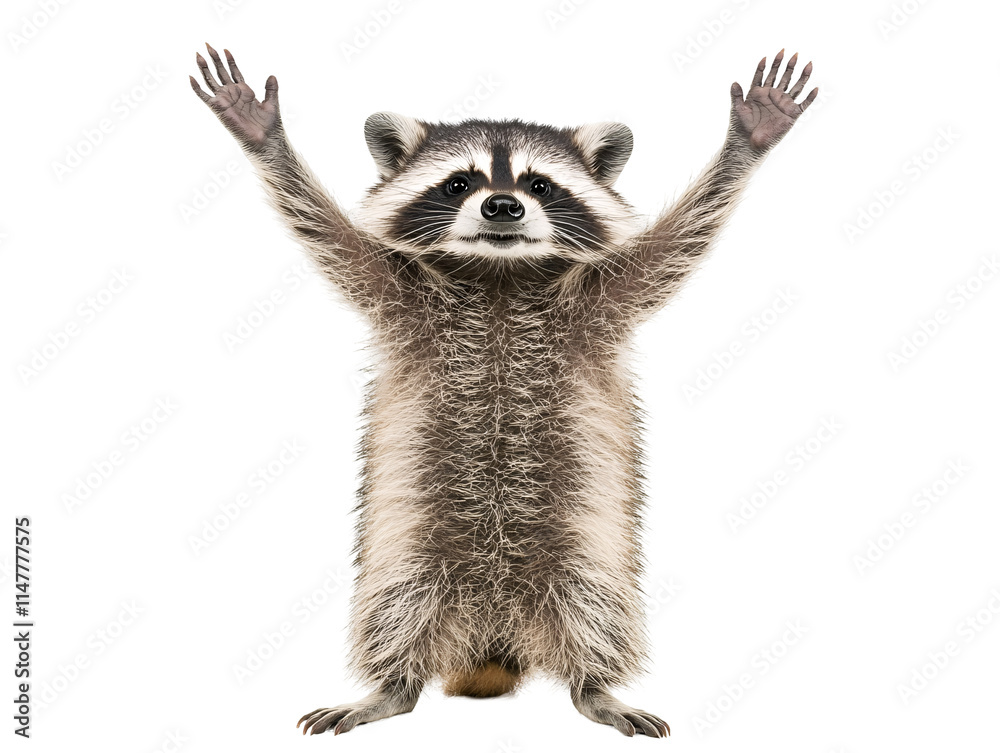 Isolated Raccoon Standing with Arms Up