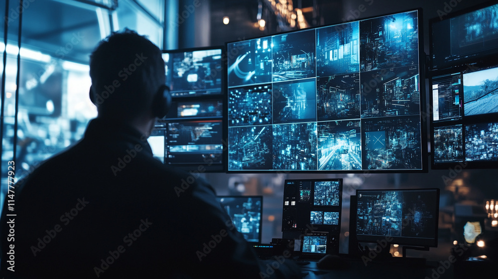 Operator monitors multiple surveillance feeds in a high-tech control room. Operator monitors multiple surveillance feeds in a high-tech control room.