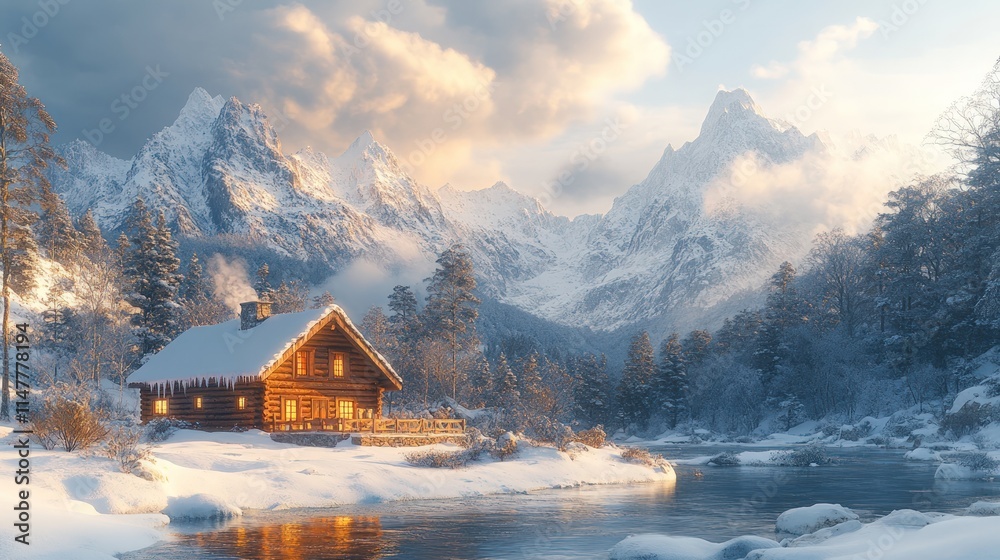 Fototapeta premium Cozy cabin, snowy mountains, winter river.