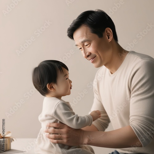 Happiness of fatherhood. Young Asian dad and his son baby at home. Loving father spending time with infant child. Fathers day concept