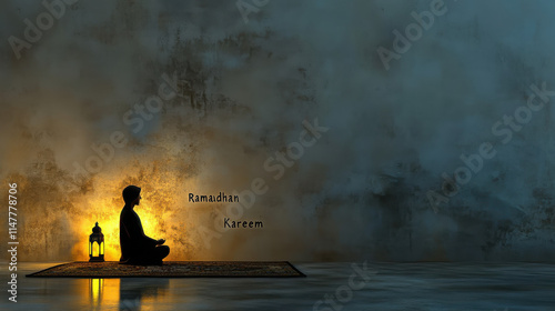 A serene silhouette meditating in a dimly lit space, symbolizing peace and reflection. photo