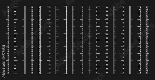 Vertical measurement scales with divisions. Realistic scale for measuring length or height in centimeters, millimeters or inches. Ruler, tape measure marks, size indicators. Vector illustration