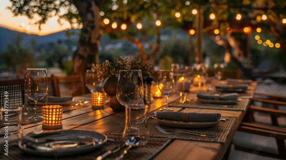 Cozy Outdoor Dining Table Setting with Warm Ambient Lighting