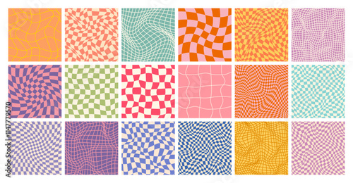 Groovy checkered pattern, colorful distorted tiled grid. Vintage wavy curved backdrop, distortion effect. Funky geometric chessboard texture, retro background in 90s style, y2k. Vector illustration