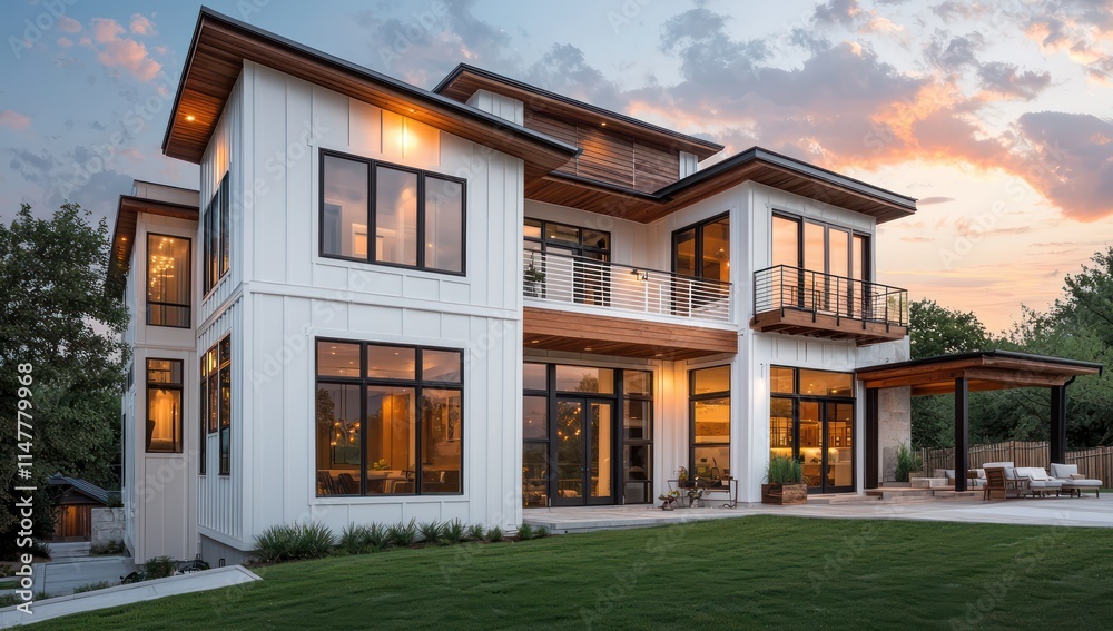Fototapeta premium Home featuring white panels, wood accents, large windows, and a spacious patio.