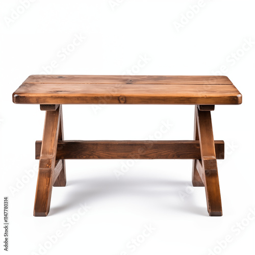 Rustic Wooden Bench Brown Wood Table Simple Design Isolated on White