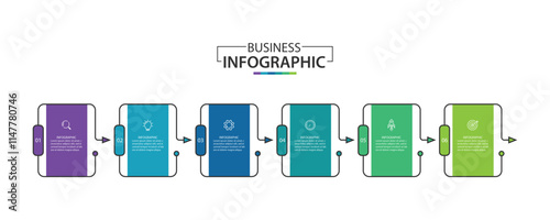 Business infographic template. 6 Step timeline journey, vector illustration