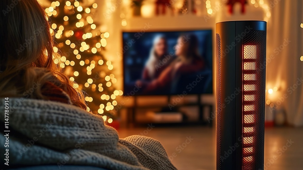 Close-up of a modern black tower fan in the living room, with a Christmas tree and warm lights in the background Close-up of a modern black tower fan in the living room, with a Christmas tree and warm lights in the background