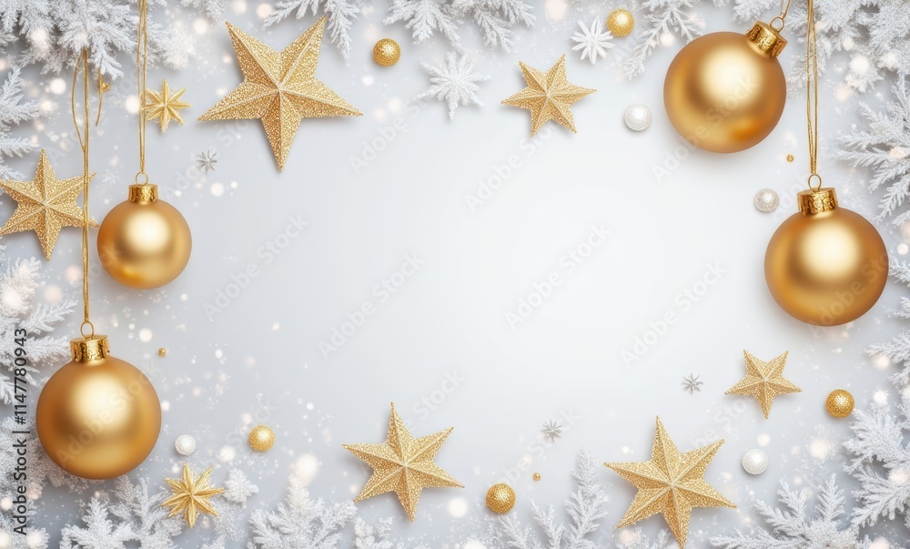 Sparkling golden ornaments on winter backdrop Sparkling golden ornaments on winter backdrop