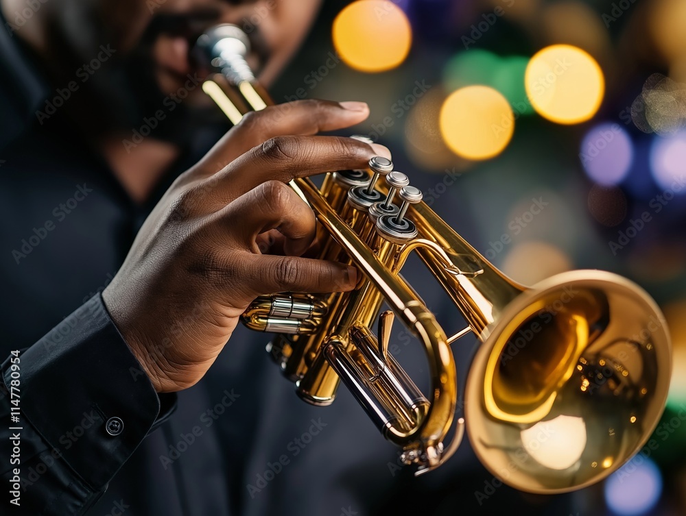 Obraz premium A close-up of a jazz musician's hands playing a golden trumpet, with blurred colorful bokeh lights in the background creating a vibrant and artistic atmosphere