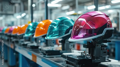 A helmet production line featuring molding machines creating glossy and colorful protective gear.