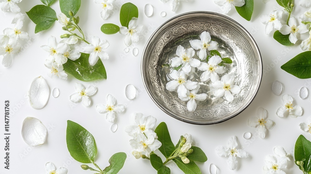 A serene Songkran poster with jasmine flowers, a silver water bowl, and traditional patterns on a minimalist white background A serene Songkran poster with jasmine flowers, a silver water bowl, and traditional patterns on a minimalist white background