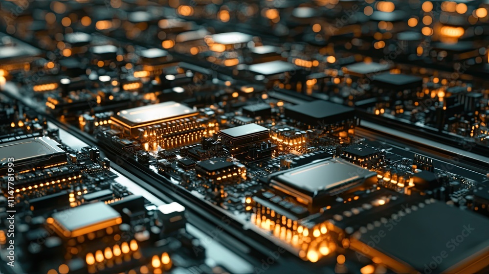 A smartphone assembly line with microchip placement machines working under focused lighting. A smartphone assembly line with microchip placement machines working under focused lighting.