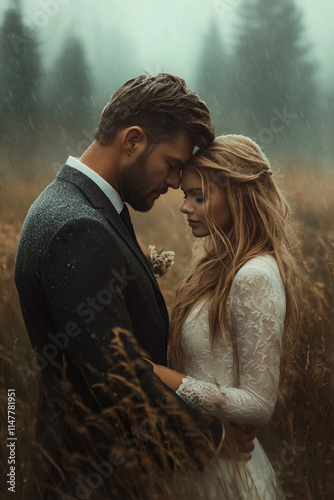 Photo of an elegant bride and groom in the rain, standing close together with their foreheads touching while they stand on tall grass field. photo