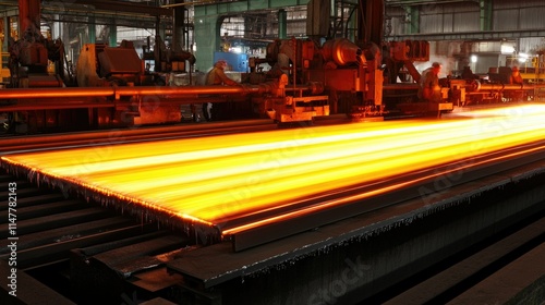 A steel production line with glowing molten steel and workers in protective gear operating heavy machinery. photo